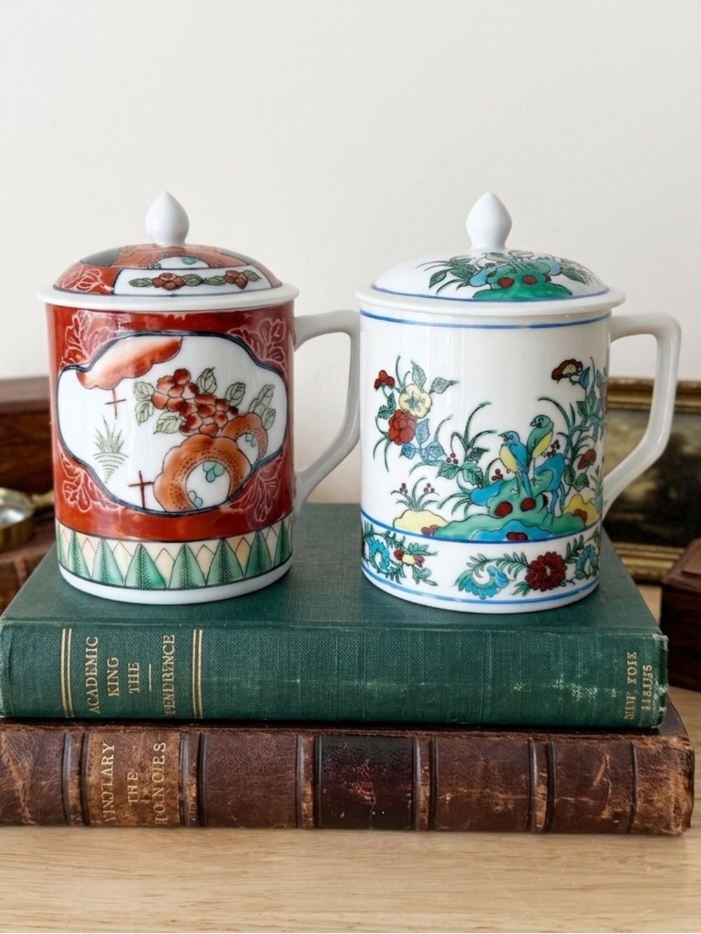 Vintage Lidded Japanese Porcelain Teacups Hand Painted Trifles Hong Kong 16 oz.